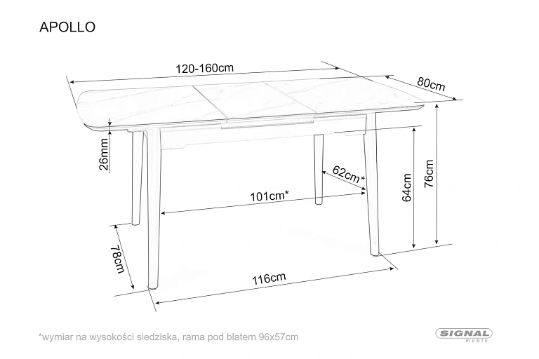 Стол обеденный SIGNAL APOLLO белый мат/черный 120-160/80