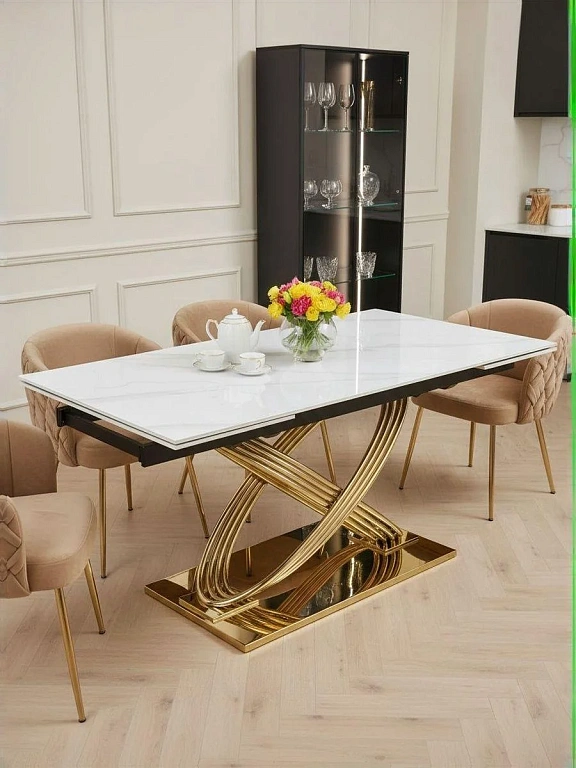 Стол обеденный SIGNAL HERMES II эффект белого мрамора/золотой 160-240/90